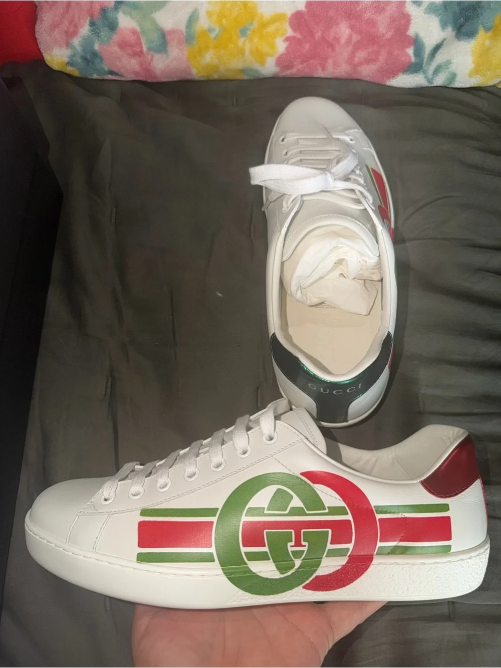 Gucci White Leather Sneakers with Red & Green